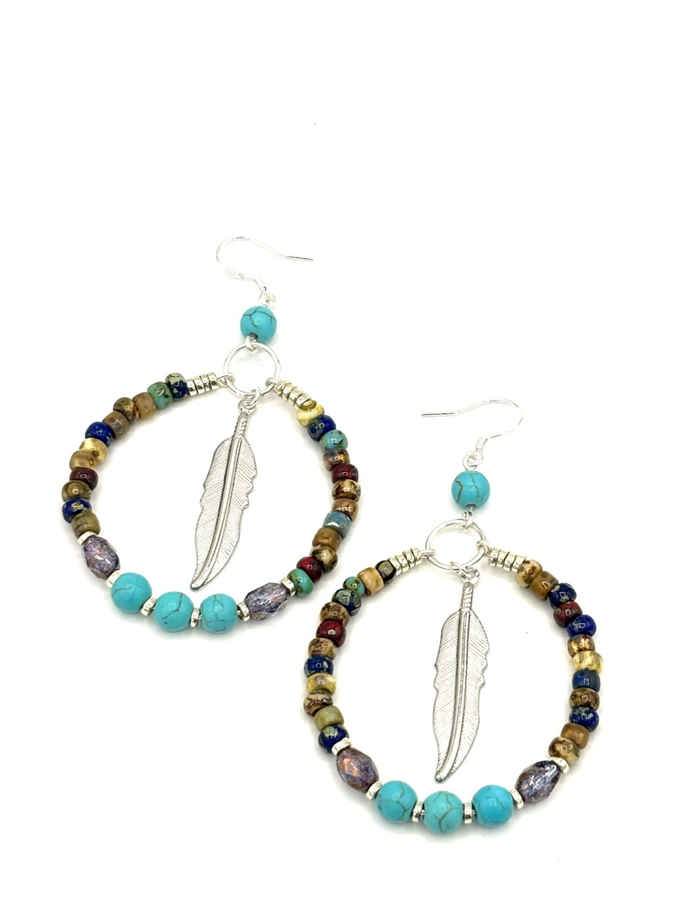 Hand Crafted Turquoise Howlite Beaded Feather Hoop Earrings - Women Jewelry - Picture 6 of 8